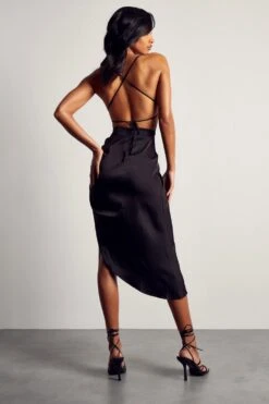 Satin Lace Up Back Ruched Midi Dress -Dress Sales Store black satin lace up back ruched midi dress 2