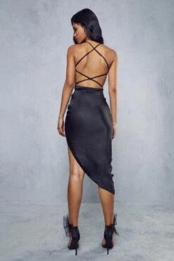 Satin Lace Up Ruched Side Midi Dress -Dress Sales Store black satin lace up ruched side midi dress 2