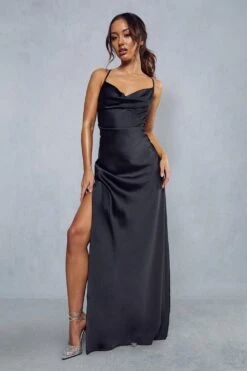 Satin Lace Up Split Leg Maxi Dress -Dress Sales Store black satin lace up split leg maxi dress 3