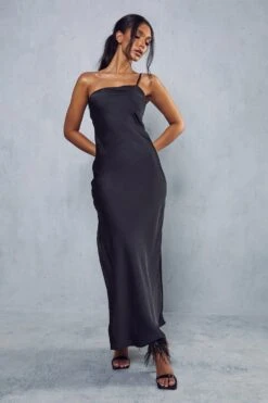 Satin One Shoulder Maxi Dress -Dress Sales Store black satin one shoulder maxi dress 3