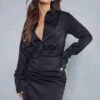 Satin Ruched Side Shirt Dress -Dress Sales Store black satin ruched side shirt dress