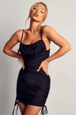 Satin Ruched Side Strappy Dress