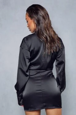 Satin Ruched Twist Front Shirt Dress 10 Satin Ruched Twist Front Shirt Dress -Dress Sales Store black satin ruched twist front shirt dress 2