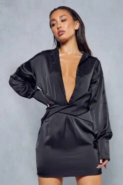 Satin Ruched Twist Front Shirt Dress