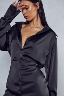 Front Page -Dress Sales Store black satin shoulder pad shirt dress 1