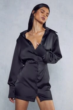 Satin Shoulder Pad Shirt Dress 12 Satin Shoulder Pad Shirt Dress -Dress Sales Store black satin shoulder pad shirt dress 4