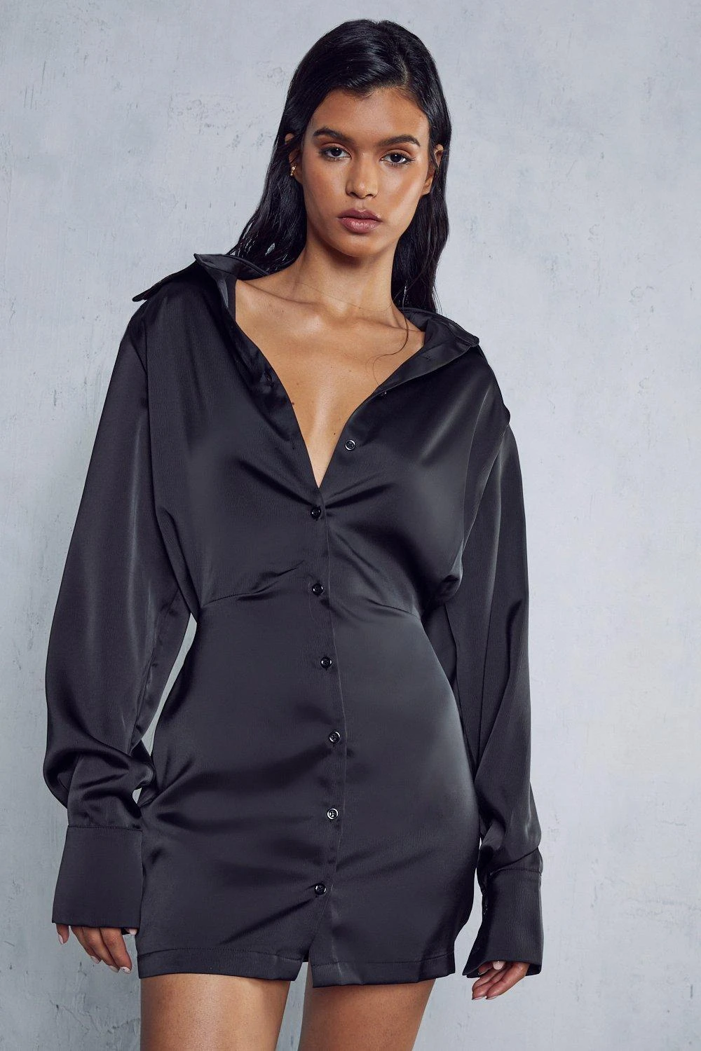 Satin Shoulder Pad Shirt Dress 3 Satin Shoulder Pad Shirt Dress