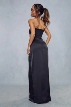 Satin Skirt Pleated Wrap Corset Maxi Dress -Dress Sales Store black satin skirt pleated wrap corset maxi dress 2