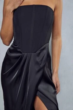 Satin Skirt Pleated Wrap Corset Maxi Dress -Dress Sales Store black satin skirt pleated wrap corset maxi dress 5