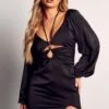Satin Strap Detail Cut Out Mini Dress -Dress Sales Store black satin strap detail cut out mini dress