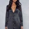Satin Structured Waist Plunge Shirt Dress -Dress Sales Store black satin structured waist plunge shirt dress