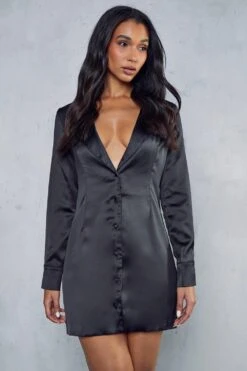 Satin Structured Waist Plunge Shirt Dress