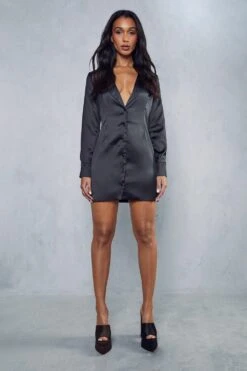 Satin Structured Waist Plunge Shirt Dress -Dress Sales Store black satin structured waist plunge shirt dress 3