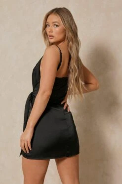 Satin Tie Side Wrap Dress -Dress Sales Store black satin tie side wrap dress 2