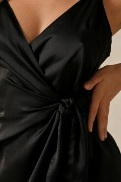 Satin Tie Side Wrap Dress -Dress Sales Store black satin tie side wrap dress 3