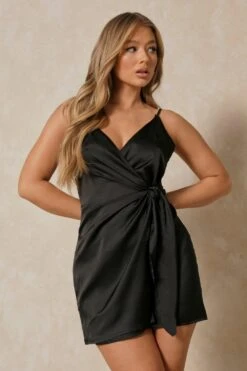 Satin Tie Side Wrap Dress -Dress Sales Store black satin tie side wrap dress 4