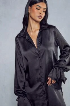 Satin Tie Sleeve Shirt Dress -Dress Sales Store black satin tie sleeve shirt dress 1