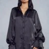 Satin Tie Sleeve Shirt Dress -Dress Sales Store black satin tie sleeve shirt dress