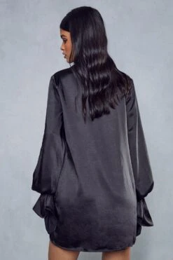 Satin Tie Sleeve Shirt Dress -Dress Sales Store black satin tie sleeve shirt dress 2