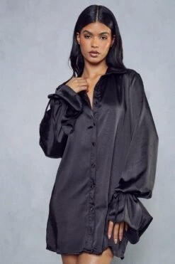 Satin Tie Sleeve Shirt Dress -Dress Sales Store black satin tie sleeve shirt dress 4