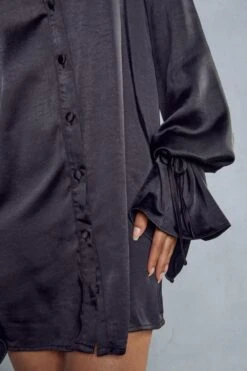 Satin Tie Sleeve Shirt Dress -Dress Sales Store black satin tie sleeve shirt dress 5