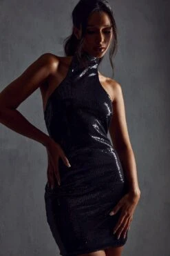 Sequin High Neck Racer Neck Mini Dress -Dress Sales Store black sequin high neck racer neck mini dress 4