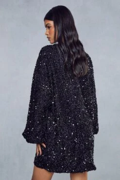 Sequin Oversized Long Sleeve Dress -Dress Sales Store black sequin oversized long sleeve dress 2