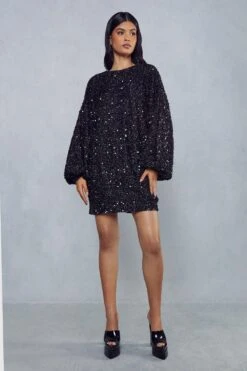 Sequin Oversized Long Sleeve Dress -Dress Sales Store black sequin oversized long sleeve dress 3