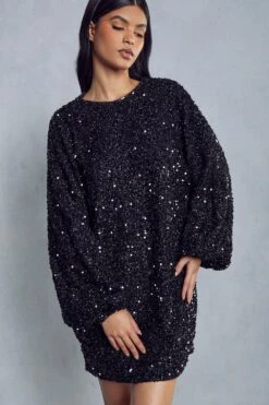 Sequin Oversized Long Sleeve Dress -Dress Sales Store black sequin oversized long sleeve dress 4