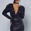 Sequin Shoulder Pad Tie Neck Mini Dress -Dress Sales Store black sequin shoulder pad tie neck mini dress