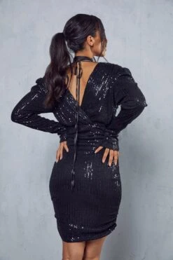 Sequin Shoulder Pad Tie Neck Mini Dress 10 Sequin Shoulder Pad Tie Neck Mini Dress -Dress Sales Store black sequin shoulder pad tie neck mini dress 2