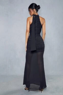 Sheer Overlay Ruched Choker Neck Cut Out Maxi Dress -Dress Sales Store black sheer overlay ruched choker neck cut out maxi dress 2