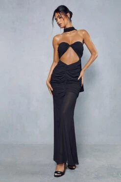 Sheer Overlay Ruched Choker Neck Cut Out Maxi Dress