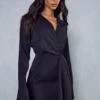 Split Sleeve Drape Detail Tailored Shirt Dress -Dress Sales Store black split sleeve drape detail tailored shirt dress