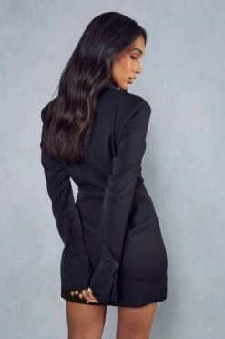 Split Sleeve Drape Detail Tailored Shirt Dress -Dress Sales Store black split sleeve drape detail tailored shirt dress 2