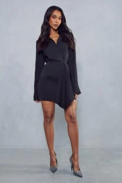 Split Sleeve Drape Detail Tailored Shirt Dress -Dress Sales Store black split sleeve drape detail tailored shirt dress 3