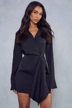 Split Sleeve Drape Detail Tailored Shirt Dress -Dress Sales Store black split sleeve drape detail tailored shirt dress 4