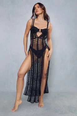 Strappy Split Front Maxi Dress Cover Up -Dress Sales Store black strappy split front maxi dress cover up 3