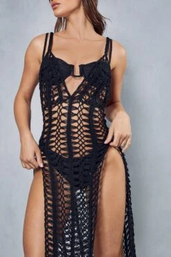 Strappy Split Front Maxi Dress Cover Up -Dress Sales Store black strappy split front maxi dress cover up 4