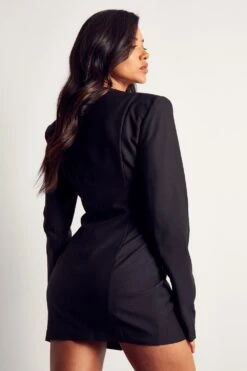 Tailored Collarless Plunge Blazer Dress -Dress Sales Store black tailored collarless plunge blazer dress 2