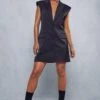 Tailored Satin Sleeveless Blazer Dress -Dress Sales Store black tailored satin sleeveless blazer dress
