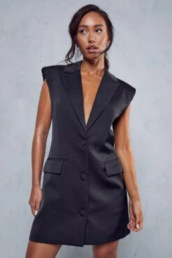 Tailored Satin Sleeveless Blazer Dress -Dress Sales Store black tailored satin sleeveless blazer dress 4