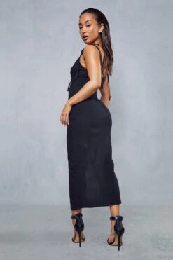 Textured Linen Look Ruched Cut Out Midi Dress -Dress Sales Store black textured linen look ruched cut out midi dress 2