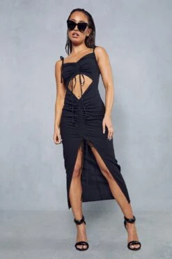 Textured Linen Look Ruched Cut Out Midi Dress -Dress Sales Store black textured linen look ruched cut out midi dress 3
