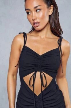 Textured Linen Look Ruched Cut Out Midi Dress -Dress Sales Store black textured linen look ruched cut out midi dress 4