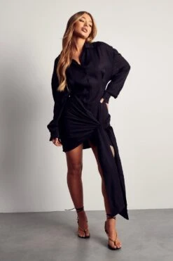 Textured Linen Look Wrap Oversized Shirt Dress -Dress Sales Store black textured linen look wrap oversized shirt dress 3