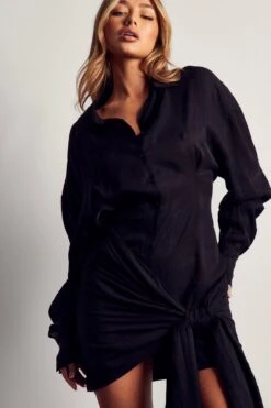 Textured Linen Look Wrap Oversized Shirt Dress -Dress Sales Store black textured linen look wrap oversized shirt dress 4