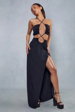 Textured Linen Strappy Maxi Dress -Dress Sales Store black textured linen strappy maxi dress 3