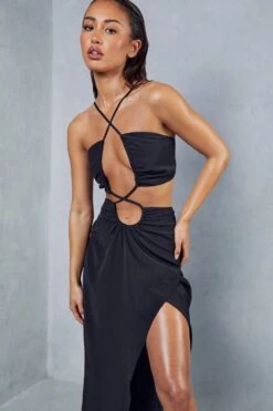 Textured Linen Strappy Maxi Dress -Dress Sales Store black textured linen strappy maxi dress 4