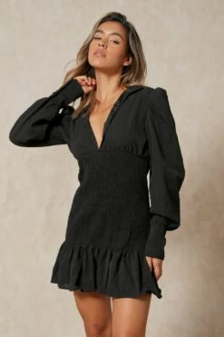 Textured Puff Sleeve Shirring Detail Dress